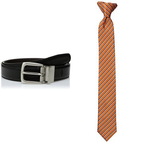 Dockers Big Boys' Reversible Black-to-Brown Belt XL and Striped Clip On Tie Green