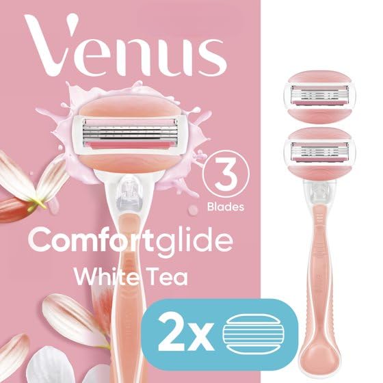 V'enus ComfortGlide White Tea Razor for Women, 3 blades, Manual Razor, Handle and 2 Blade Refills, (Pink)