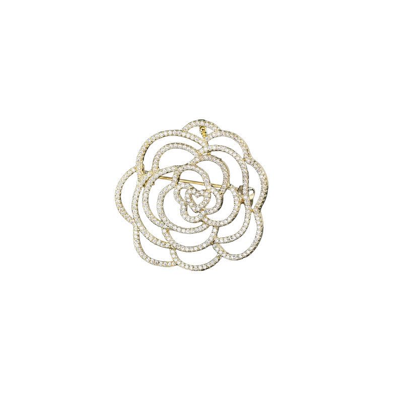 Stunning 14K Gold Moissanite Camellia Brooch，With Openwork Design and Pearl Embellishments ，Ideal Shawl Buckle Accessory & Beautiful Gift