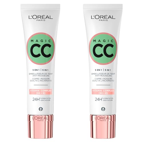 L'Oréal Paris Magic CC Cream 24H Crema Idratante Colore Verde Anti-Rossore Effetto Pelle Vellutata a Lunga Durata 5in1 Universal Shade - 2 Flaconi da 30ml
