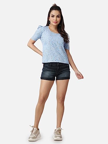 Image of POPWINGS Casual Printed Puff Sleeves Round Neck Top for Women || Stylish Summer Tops for Women || Hip-Length Women Top