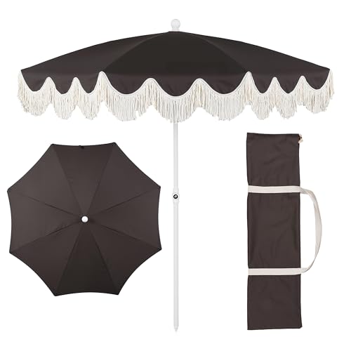 JONATHAN Y Mariner Parasol de plage 6.5 pi, frange, noir
