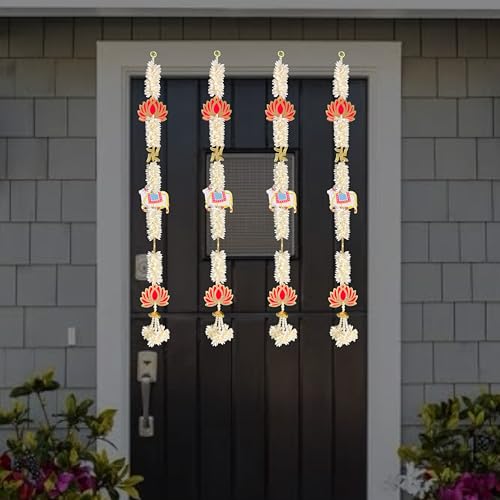 Image of Rajasthan Kraft Handcrafted MDF Lotus & Cow Hanging with Gajra & Swastik (Set of 4, 35 Inch, White & Red) Perfect for Home, Wedding and Event Decor