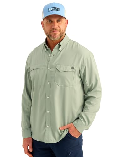HUK Mens Tide Point Solid Long Sleeve Shirt, Button Down for Men, Fog Green, 3X-Large
