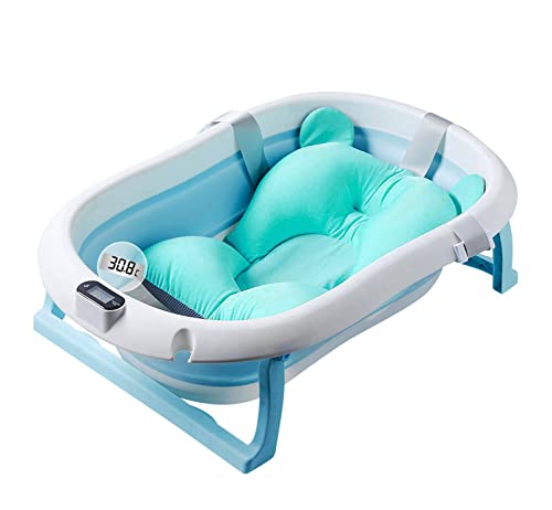 Image of Foldable Baby Bath Tub,Newborn Baby Tub with Soft Bath Mat and Real Time Water Temperature Display(Blue Bathtub + Bath Mat)
