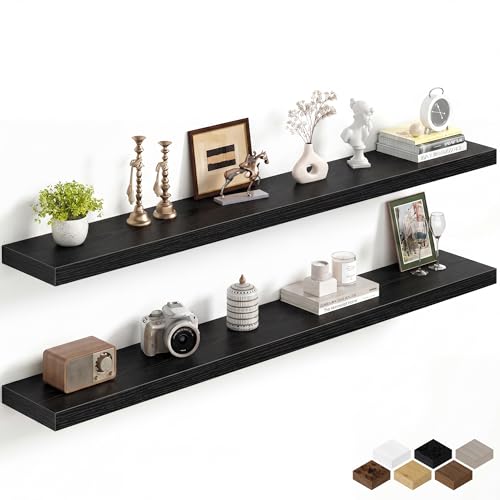 Image of Fun Memories 60Inch Long Floating Shelves, 8 Inch Deep Shelves for Bedroom|Living Room, Wall Mounted Wood Hanging Shelf with Invisible Brackets for Fireplace Mantel Home Storage Decor, Black - 2 Pack