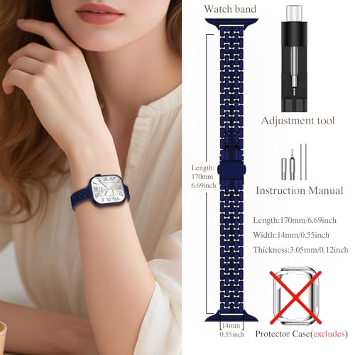 Image of Slim Metal Bands for Apple Watch 38mm 40mm 41mm 42mm(Series 11 /10) | Thin Shiny Stainless Steel Strap Bands for Women, Fit iWatch Series 11 10 9 8 7 6 5 4 3 2 1 SE3 SE2 SE, Dark Blue