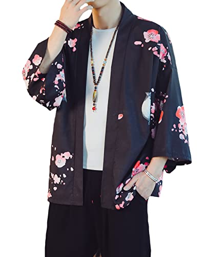 Image of PRIJOUHE Men's Lightweight Kimono Jacket Seven Sleeve Open Front Cardigan Coat Japanese Style Bathrobe
