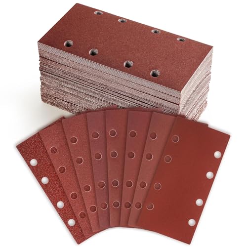 56 Pièces feuilles abrasives, 93 x 185 mm, papier de verre 8 trous grain 40 60 80 120 180 240 320 400, papier abrasif pour ponceuses voitures bois métal peinture