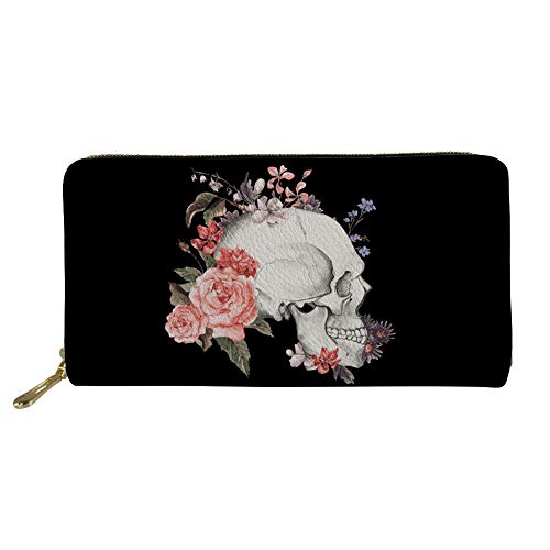 Jeocody Sugar Skull Rose Flower Black Day Of The Dead Skeleton Long Wallet Girl Teen Zippered Pu Leather Purse Traveling Pouch Gift For Women #TOP14