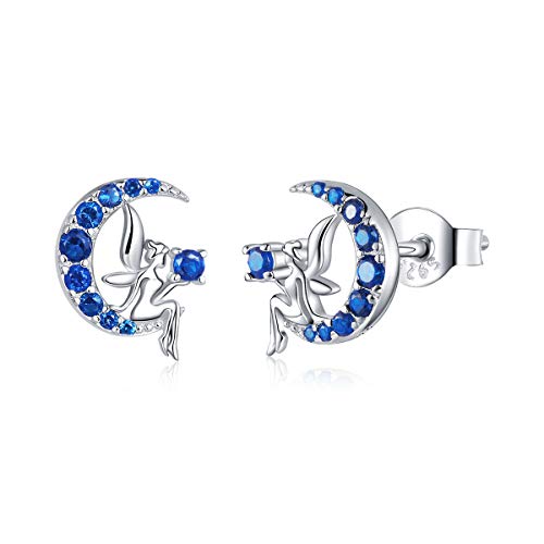 Pendientes de plata de ley 925 con diseño de hada en la luna azul para mujeres y niñas, Plata...
