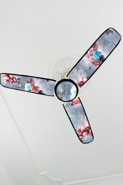 Image of Premium Three Blade Ceiling Fan Cover with attachable Enclosure, Set of 1 Fan Cover (Grey Flower).