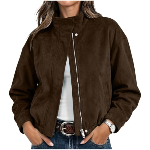 TERGHTP Women Faux Suede Bomber Jacket Stand Collar Leather Cropped Jackets - image 5