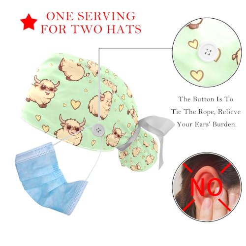 Image of 2 PCS Bouffant Cap with Button Ponytail Pouch Working Cap Sweatband Adjustable Surgical Cap Black and White Cow