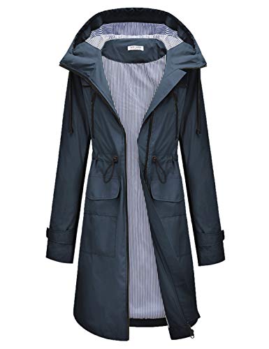 Women's Waterproof Raincoat Lightweight Rain Jacket Hooded Windbreaker with Pocket for Outdoor Navy Blue 3XL