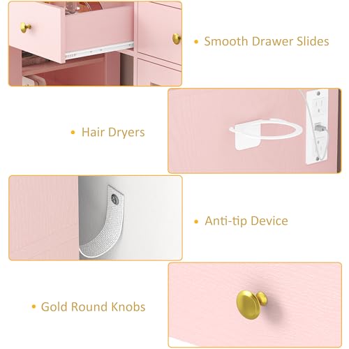 Image of HUANLEGO Vanity Desk with Mirror and Lights, Large Makeup Vanity Set with Power Outlet & RGB Glass Cabinet, 3 Drawers, Pink Vanity Mirror with Lights Dressing Table for Girls Women, 3 Color Modes