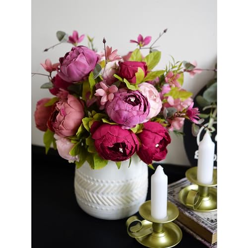 Image of FiveSeasonStuff Mystic Blush Silk Peony & Hydrangea Bouquet with 2 Gold Taper Candle Holders; Vintage-Inspired Artificial Flowers for Weddings & Home Decor