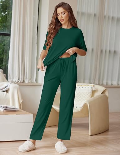 Image of Ekouaer Lounge Sets for Women Short Sleeve Tops and Long Pants Soft Comfy Pajamas Set 2 Piece Outfits