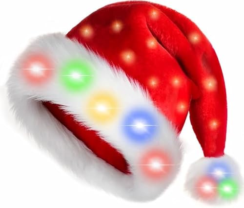 HOTUVEP LED Light Up Santa Hat for Adult,Luxury Christmas Hat with Fluffy White Trim for Women Men,65cm Circumference Adult Big Head Fit,Soft Plush Premium Christmas Cap, Jumper Day Xmas Party Costume
