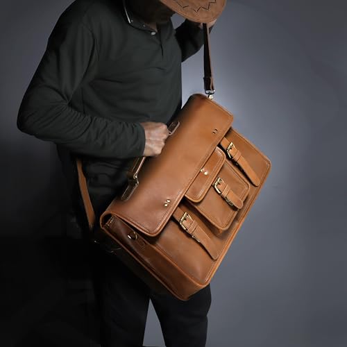 18-Inch Premium Leather Messenger Bag for Men & Women - Leather Laptop Bag, Crossbaody Bag, Handbag, Shoulder Bag, Travel Bag (Unisex Messenger Light Brown)2