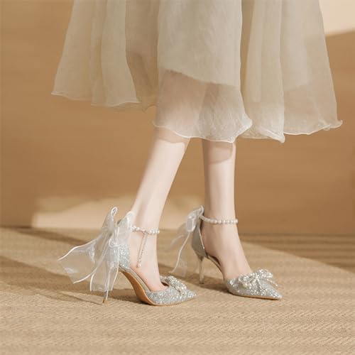 Women's Heels with Bow Sparkly Rhinestone Pumps Closed Pointed Toe Pearl Ankle Strap Wedding Dress Shoes Strappy Heels for Women4
