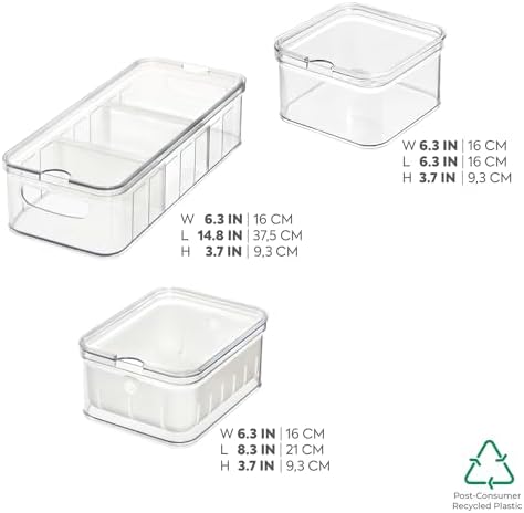 The Spruce by iDesign 3-częściowy plastikowy organizer do lodówki z pokrywkami, przezroczysty/biały