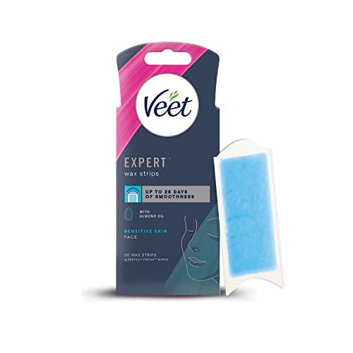 Veet Expert Waxing Strips for Sensitive Skin - 20 Cold Wax Strips & 4 Finish Wipes for Eyebrow Facial Hair Removal - Hydrating Exfoliating Ideal for Face