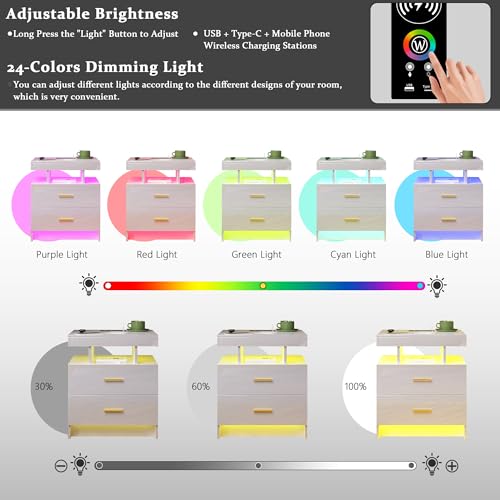 Image of HNEBC Auto LED Nightstand with Wireless Charging Station & USB Ports,High Gloss Bedside Tables with 2 Drawers,Floating Nightstand with 3 Color & Adjustable Brightness for Bedroom,White