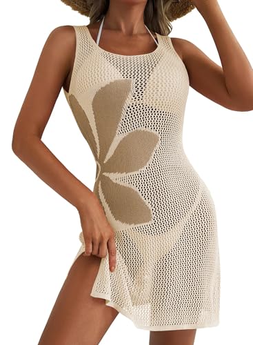Image of Cakulo Women's Crochet Beach Cover Up Boho Floral Dress | Sleeveless, Hollow Out Knit, High Slit, Bikini Bathing Suit Cover Up, Summer Vacation Dresses, Cruise Outfits, Resort Wear