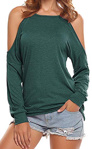 LuckyMore Women's Casual Halter Long Sleeve Off Cold Shoulder Tops Shirts Loose Blouses Dark Green