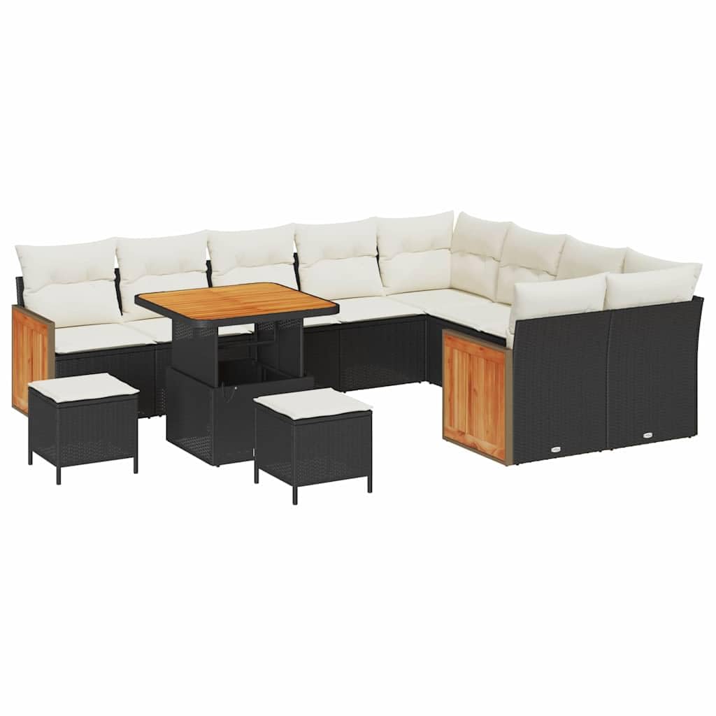 13-częściowy zestaw do kanapy ogrodowej czarny i kremowy poli rattan drewno akacjowe | Modułowa, zdejmowane poduszki, nadające się do prania, nowoczesny design, wygodne siedzisko, na zewnątrz