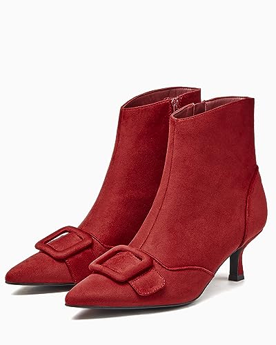 Coutgo Women's Kitten Heel Ankle Boots Pointed Toe Side Zipper Square Buckle Winter Booties4