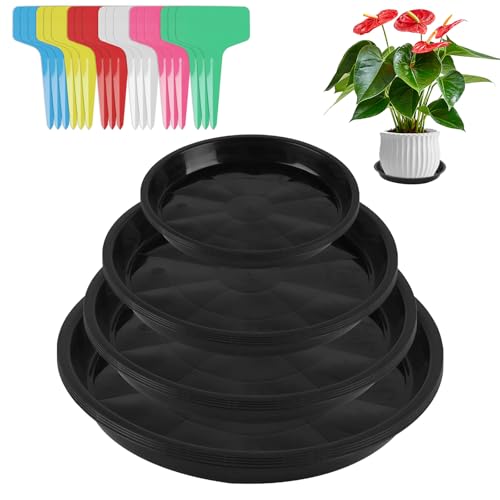 XiangJunly 16 Pcs Plant Saucers, Trays for Pots Inside, Plastic Drip Indoors Outdoors, 12/16/18/22cm + 18 Labels