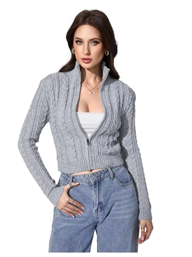 Image of MakeMeChic Women's Cropped Cable Knit Sweater Zip Cardigan Fall Clothes