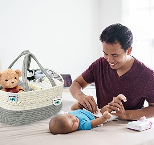ilauke Baby Diaper Caddy Organizer, Nursery Storage Bin Basket, Changing Table Organizer with Muslin Burp Cloth (Grey)