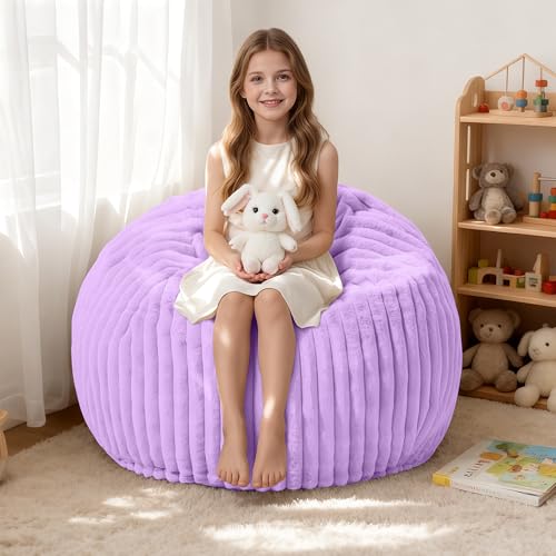 Image of HABUTWAY 2FT Bean Bag Chair, 2' Bean Bag Chairs with Memory Foam Filled, Small Comfy Beanbag Chair with Stripe Plush Cover for Living Room Bedroom Dorm,Purple