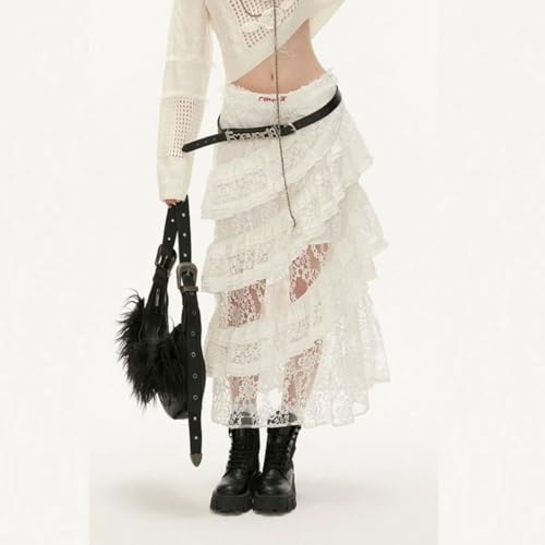 White Tiered Tulle Lace Skirt for Women - Y2K High Waist Layered Maxi Skirt with Ruffles, Sweet Flowy Mesh Long Skirt2