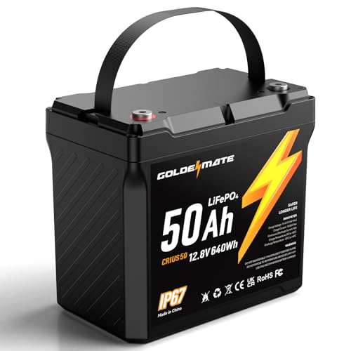 GOLDENMATE 12V 50Ah LiFePO4 Battery IP67 Waterproof 5000+ Deep Cycles Built-in BMS & Grade A Lithium Iron Phosphate Battery Cell Ideal for RV Camping Solar Marine Trolling Motor Off-grid Sets