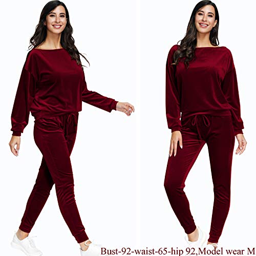 Fixmatti Women 2Pc Soft Velvet Long Sleeve Top Sweatpants Jogger Suit M Red #TOP2