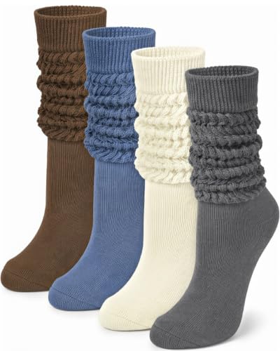 4 Pairs Slouchy Socks for Women, Boot Long Knee High Slouch Socks | Tube Calf Retro Crew Knit Tube Athletic Leg Warmmers Scrunch Socks Size 5-9