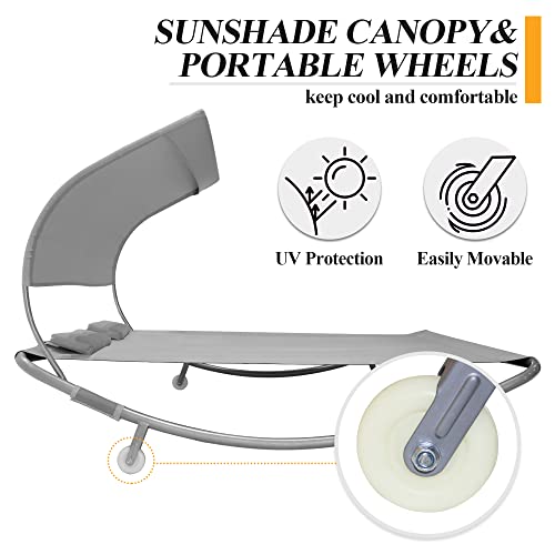 Funny Sunny Outdoor Double Chaise Lounge Bed With Canopy & Headrest Pillow, Patio Portable Leisure Daybed Lounge With Portable Wheels For Deck, Indoor, Yard, Poolside, Sun Room (Grey) #TOP3