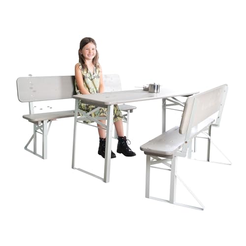 Roba Set Tavolo + 2 Panche Con Schienale Per Bambini - Per Giardino, Terrazzo, Aria Aperta - Pieghevole - Salvaspazio - Con Angoli Arrotondati - Da 24 Mesi - Legno Laccato Grigio - 4