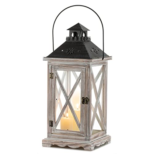 Sziqiqi 48cm Vintage Windlicht Laterne Holz Metall Dekorative Windlichthalter für Draußen Rustikale Hochzeit Herzstück Hängende Laterne Bauernhaus Innen Außenlaterne Dekor