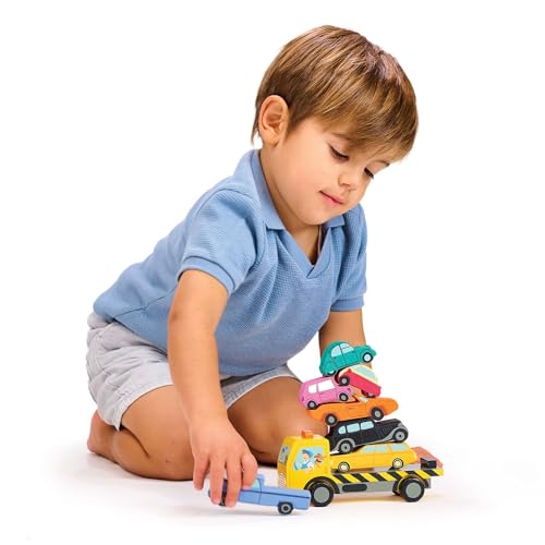 Image of Tender Leaf Toys - Stacking Cars - 7 Wooden Stacking Toy Cars and a Wheeled Truck for Toddler Boys and Girls - Boost Fine Motor Skills and Hand-Eye Coordination - Great Gift for Car Lovers - Age 18m+