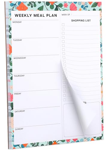 60 Sheet Meal Planner for Fridge Magnetic Weekly Meal Planner & Grocery List with Tear-off Shopping List for Meal Prep 7x10-Flower Design