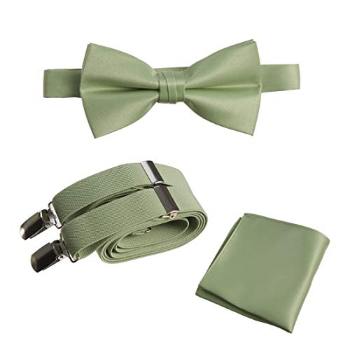Tuxgear Mens Adjustable Bow Tie Suspender and Pocket Square Set, Sage, 48  Mens (Sage, 48  Mens)