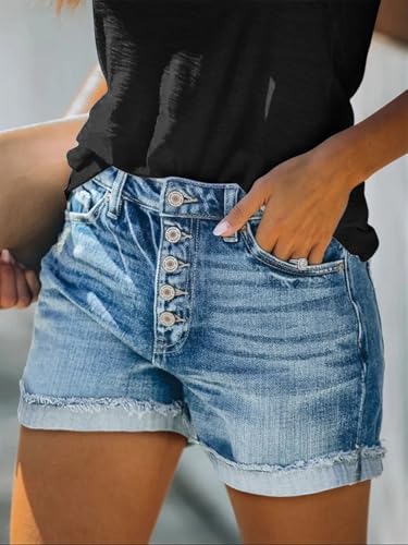 Image of onlypuff Womens Jean Short Cut Off Denim Shorts High Waist Ripped Distressed Stretchy
