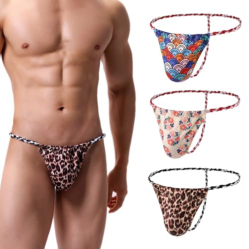 Malowinda 3Pack Men's Ice Silk Thong Breathable G-String Low Rise Classic Bikini Briefs Fashion Underwear XX-Large