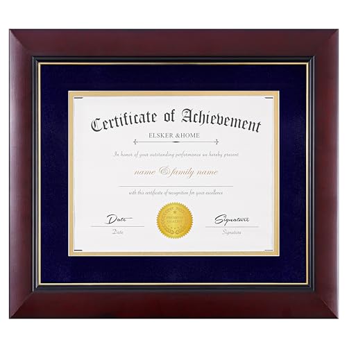 Image of ELSKER&HOME 11x14 Diploma Frame with Velvet Navy Mat,Real Wood Cherry