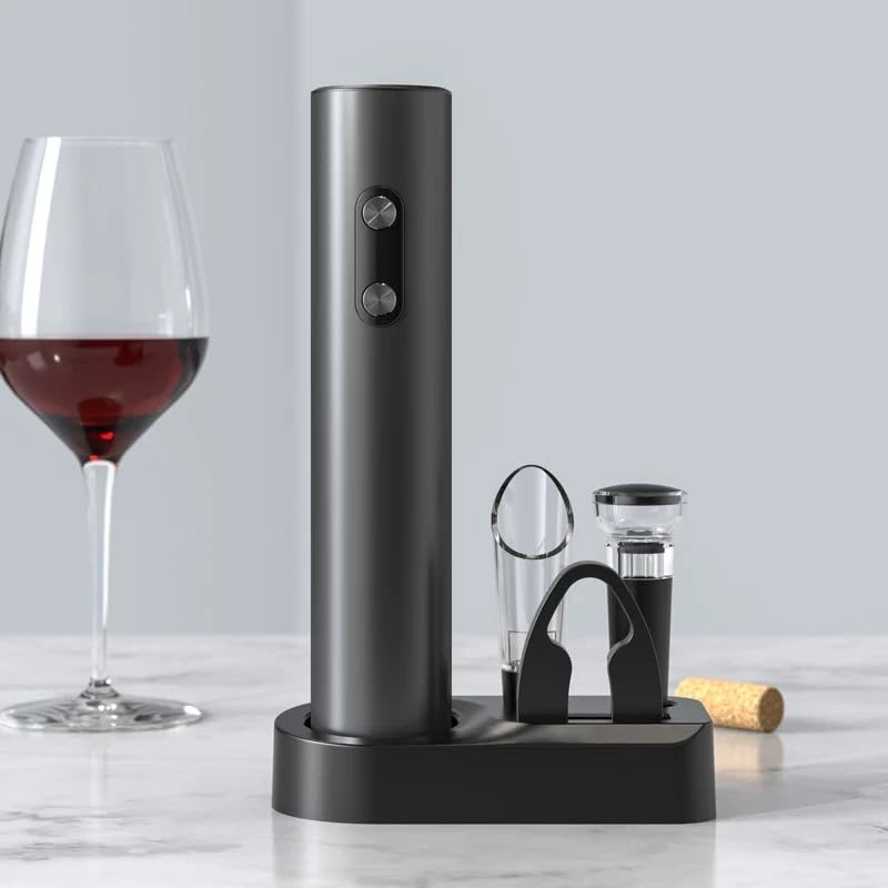 Image of PEIPU Electric Wine Opener Set, Battery Operated 5-in-1 Wine Gifts for Wine Lovers with Storage Base, Foil Cutter, Wine Aerator Pourer & Vacuum Stoppers, Onyx Black